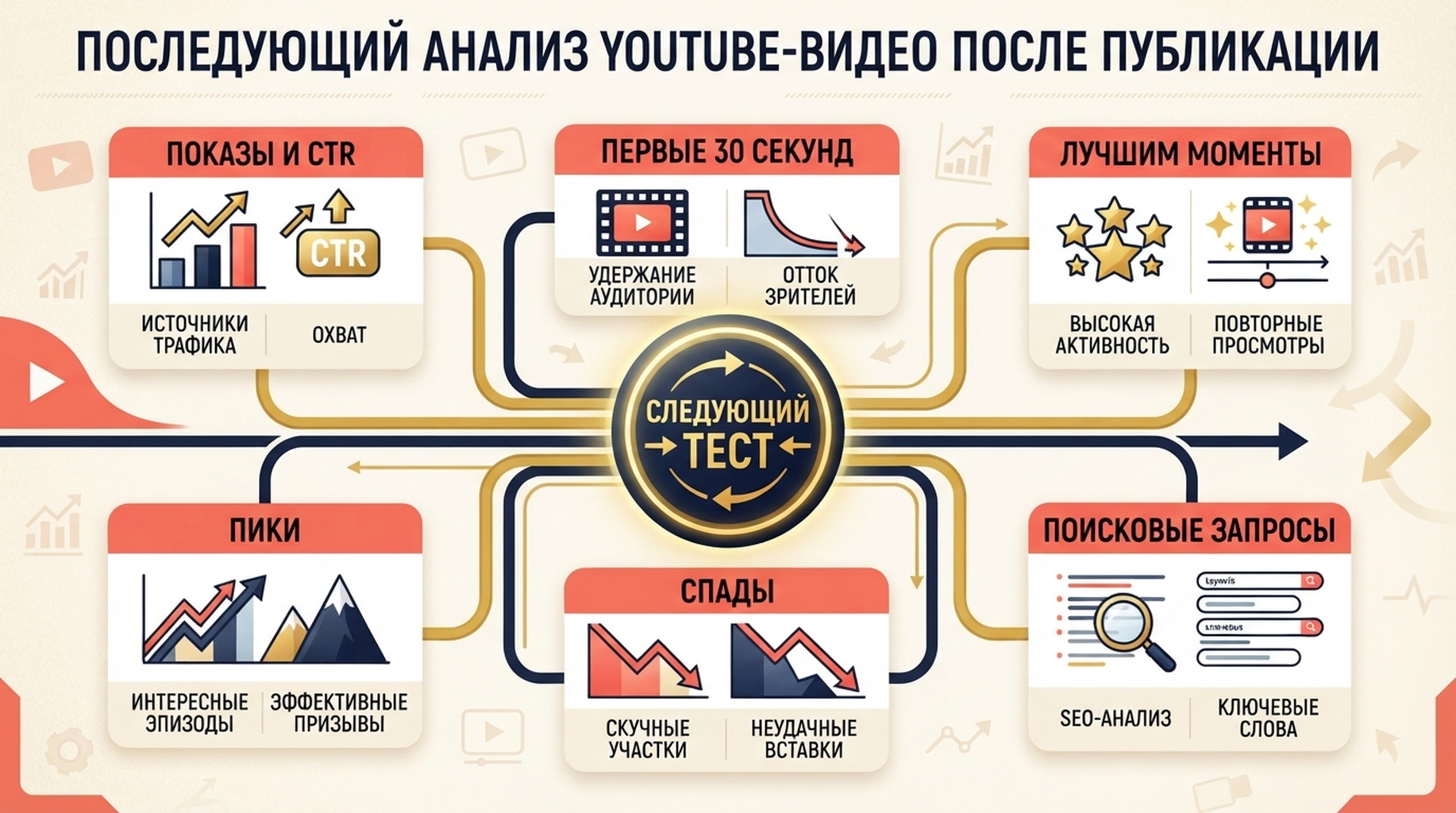 Карта решений, связывающая метрики YouTube Studio с осторожными тестами следующего ролика