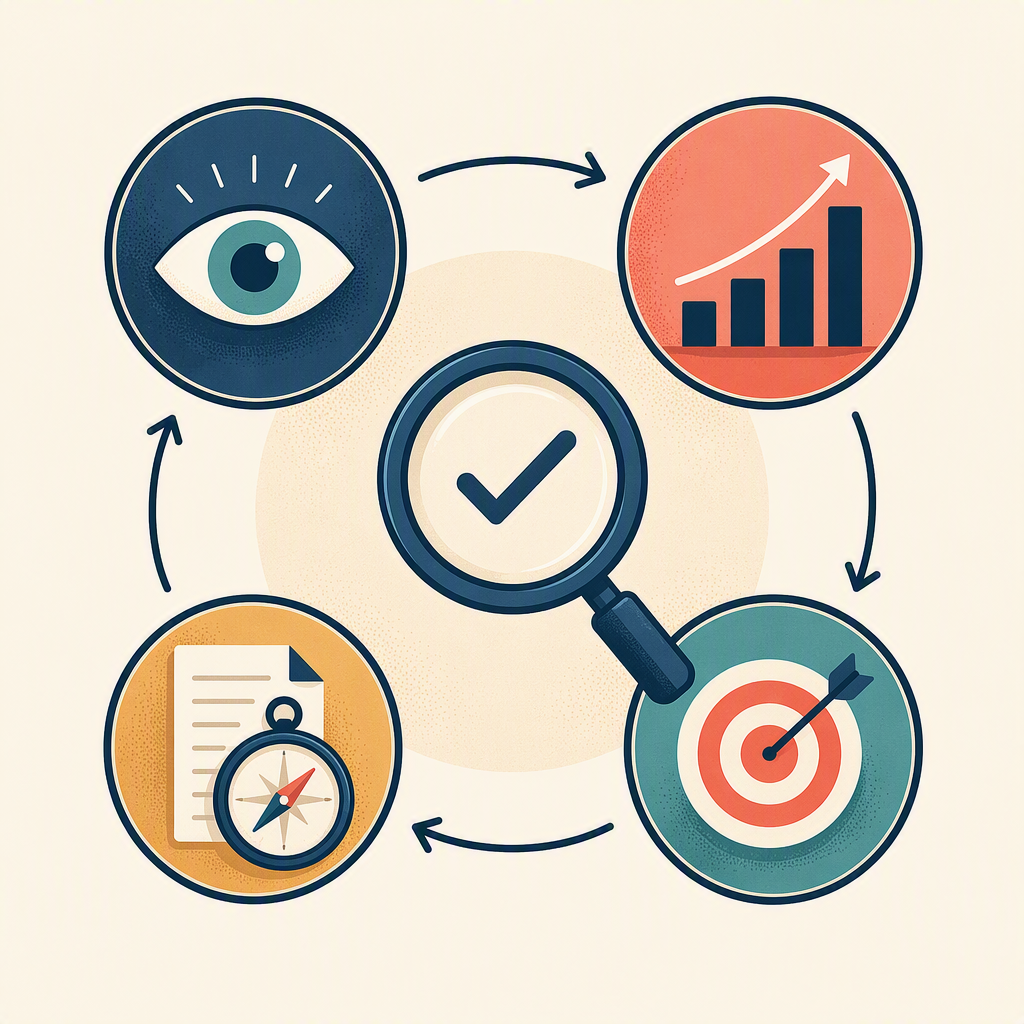 जनरेटिव AI Impression, Web प्रदर्शन, Analytics परिणाम और नियंत्रित SERP जांच को मिलाने वाला चार स्रोतों का अमूर्त मापन चक्र