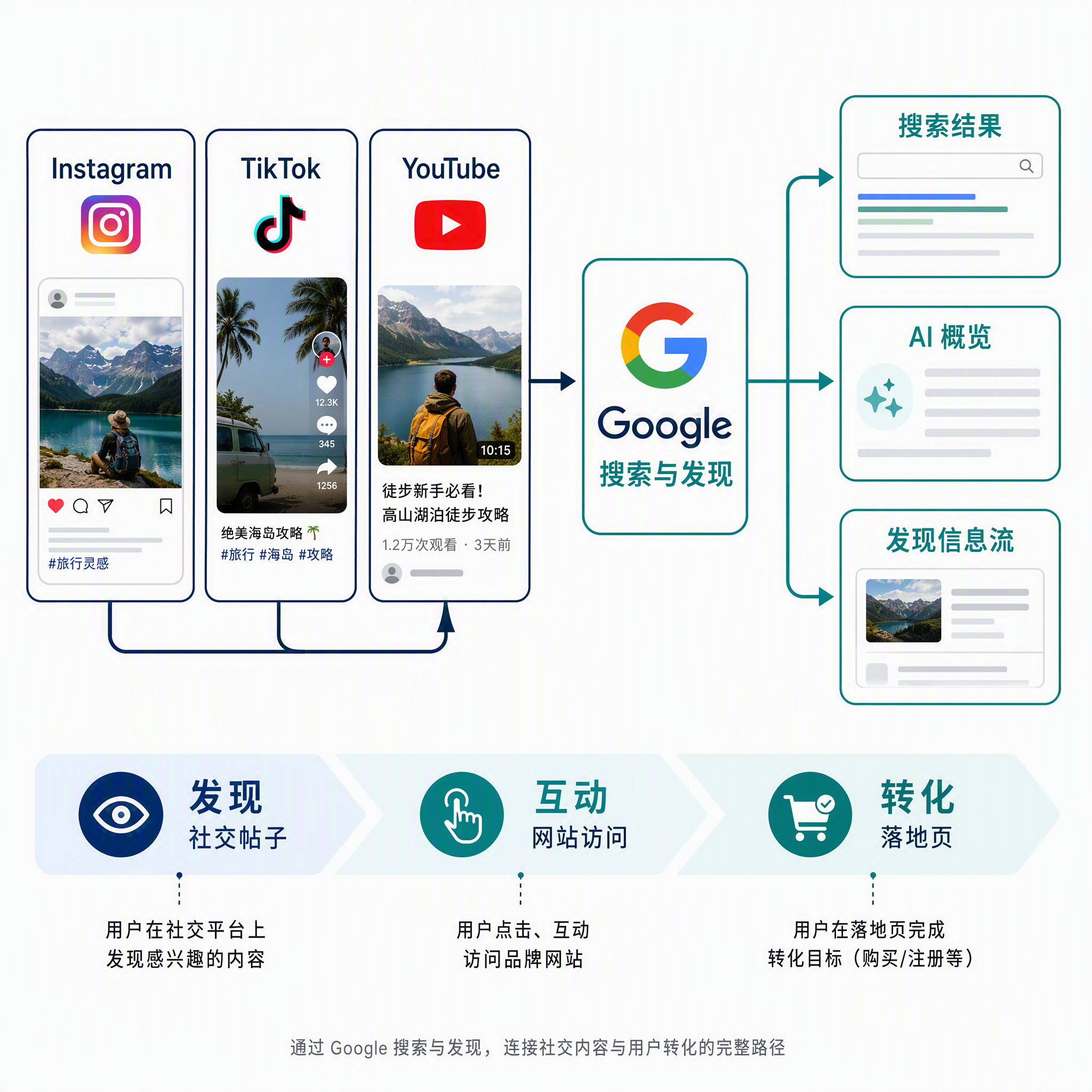 社交内容如何从 Instagram、TikTok 和 YouTube 流入 Google 搜索与发现，分支到搜索结果、AI 概览和发现信息流，底部漏斗展示从发现到互动再到转化的路径