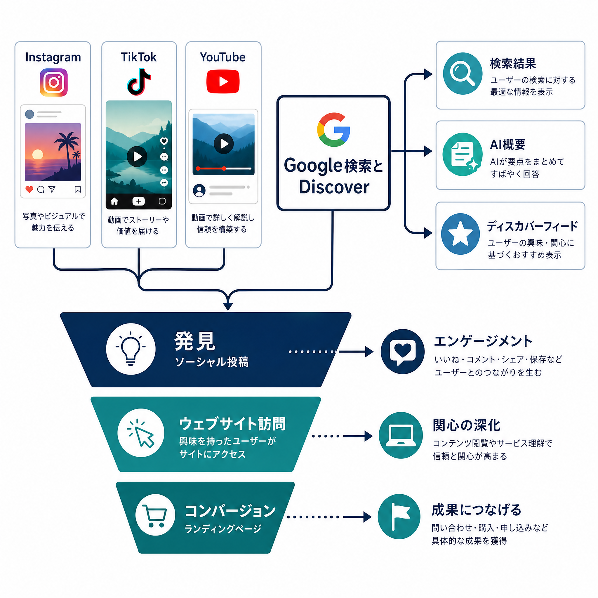 ソーシャルコンテンツが Instagram、TikTok、YouTube から Google 検索と Discover に流れ込み、検索結果、AI Overviews、Discover フィードに分岐し、下部に発見からエンゲージメント、コンバージョンへのファネルを示す図
