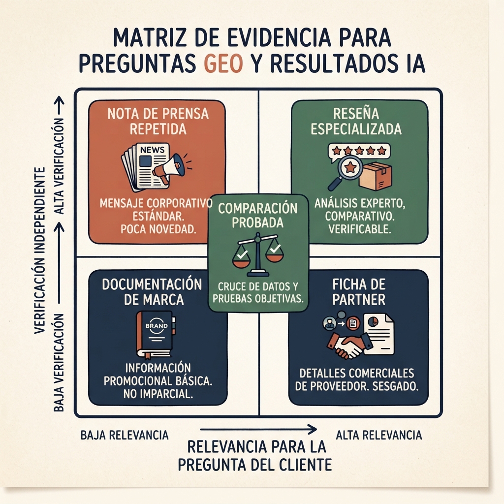 Matriz que compara notas de prensa repetidas, documentación de marca, reseñas especializadas y evidencia independiente según relevancia y verificación.