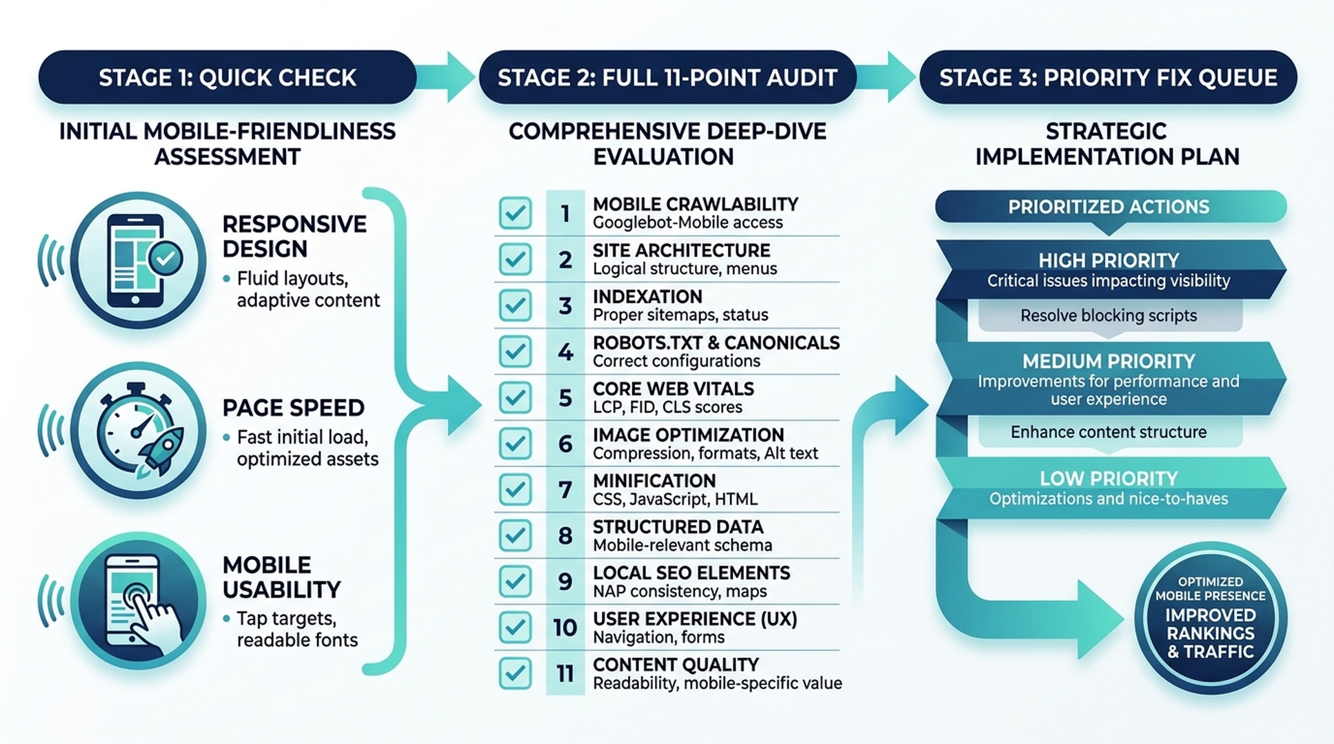Mobile-first indexing audit workflow: three stages from quick check through full audit to priority fix queue