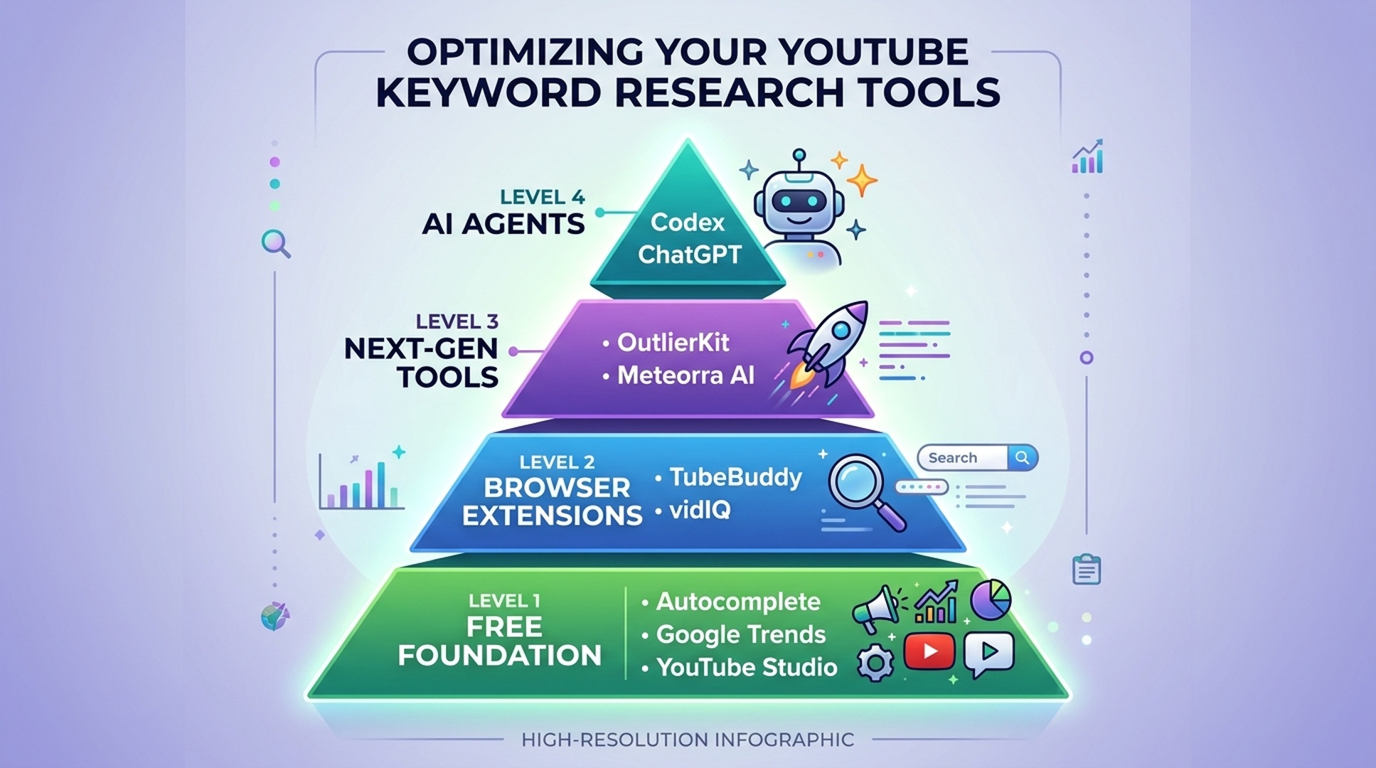 YouTube keyword research tools organized across four tiers: Free Foundation, Browser Extensions, Next-Gen Tools, AI Agents