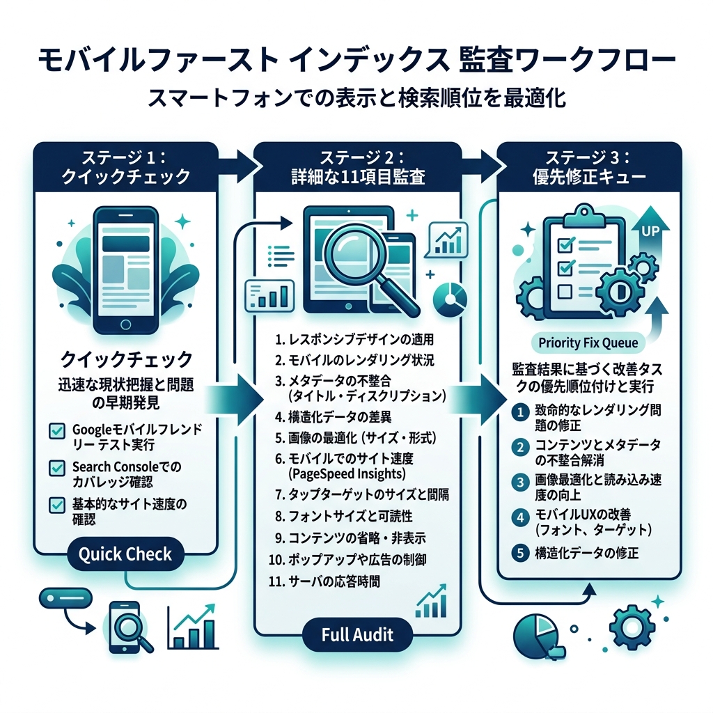 モバイルファーストインデックス監査ワークフロー：簡易チェックから完全監査、優先修正キューまでの3段階