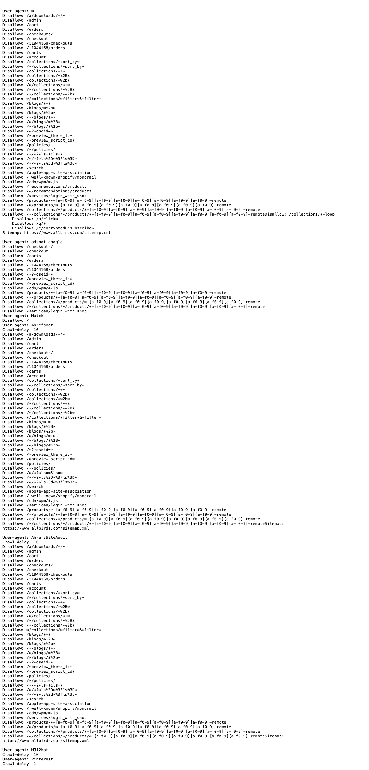 A real Shopify store robots.txt file showing AI crawler access rules alongside default Shopify directives