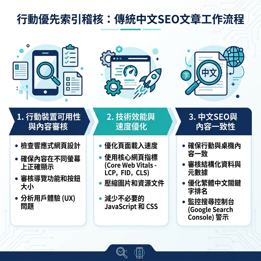 行動優先索引審查工作流程:從快速檢查到完整審查再到優先修復佇列的三個階段