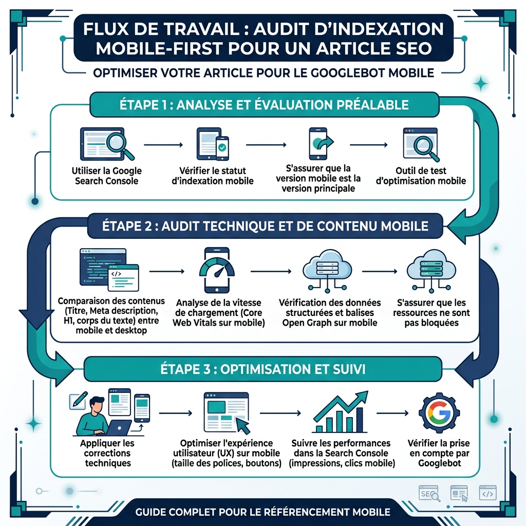 Workflow d'audit d'indexation mobile-first : trois etapes, de la verification rapide a l'audit complet jusqu'a la file prioritaire de corrections