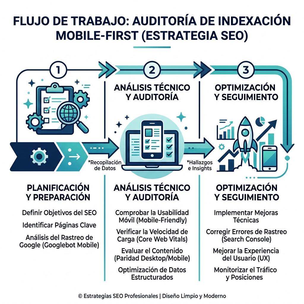 Flujo de trabajo de auditoría de indexación mobile-first: tres etapas desde la verificación rápida, pasando por la auditoría completa, hasta la cola de correcciones prioritarias