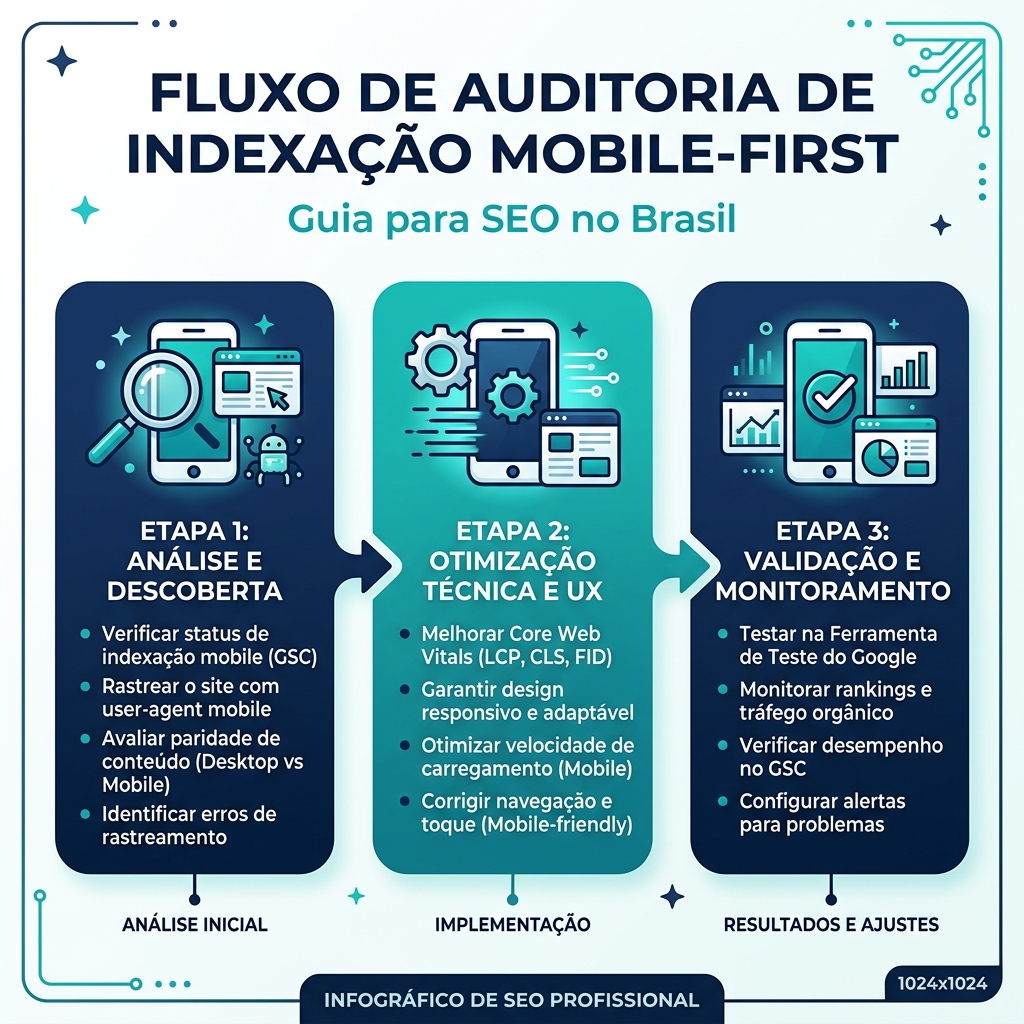 Fluxo de auditoria de indexação mobile-first: três estágios, da verificação rápida à auditoria completa até a fila de correções prioritárias