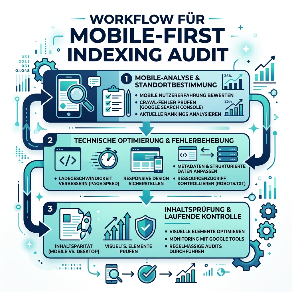 Mobile-First-Indexing-Audit-Workflow: drei Phasen vom Schnellcheck über das vollständige Audit bis zur priorisierten Behebungsliste