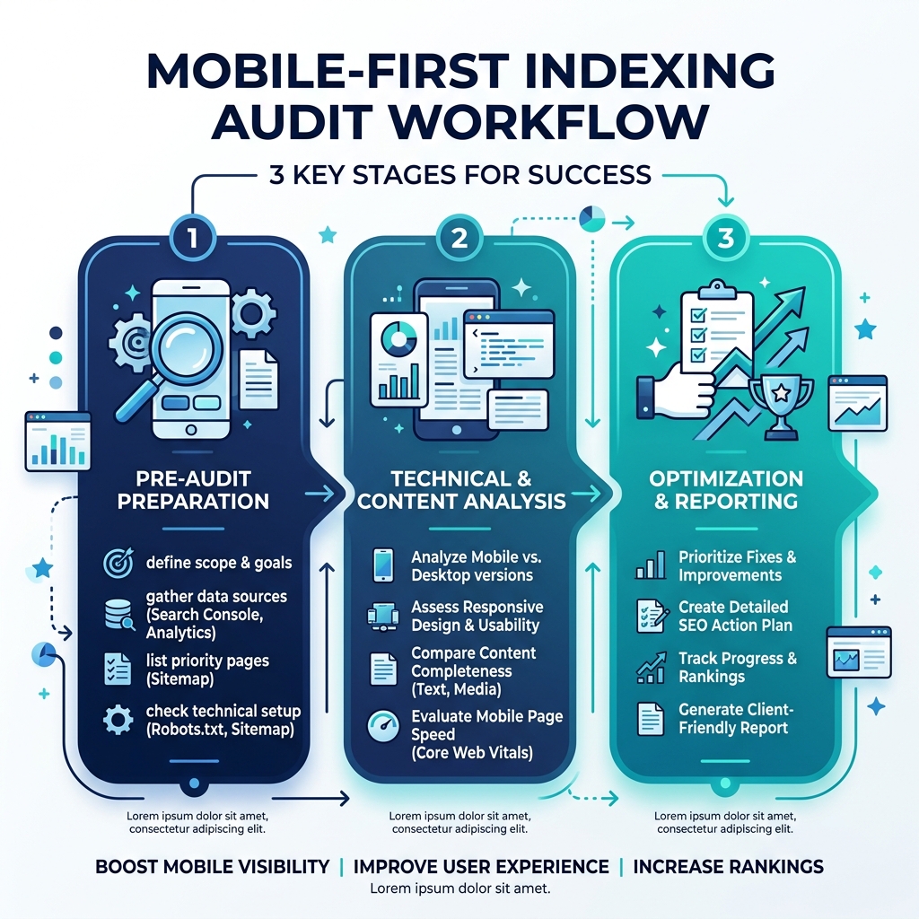 Flusso di lavoro dell'audit mobile-first: tre fasi dal controllo rapido all'audit completo fino alla coda di priorita delle correzioni