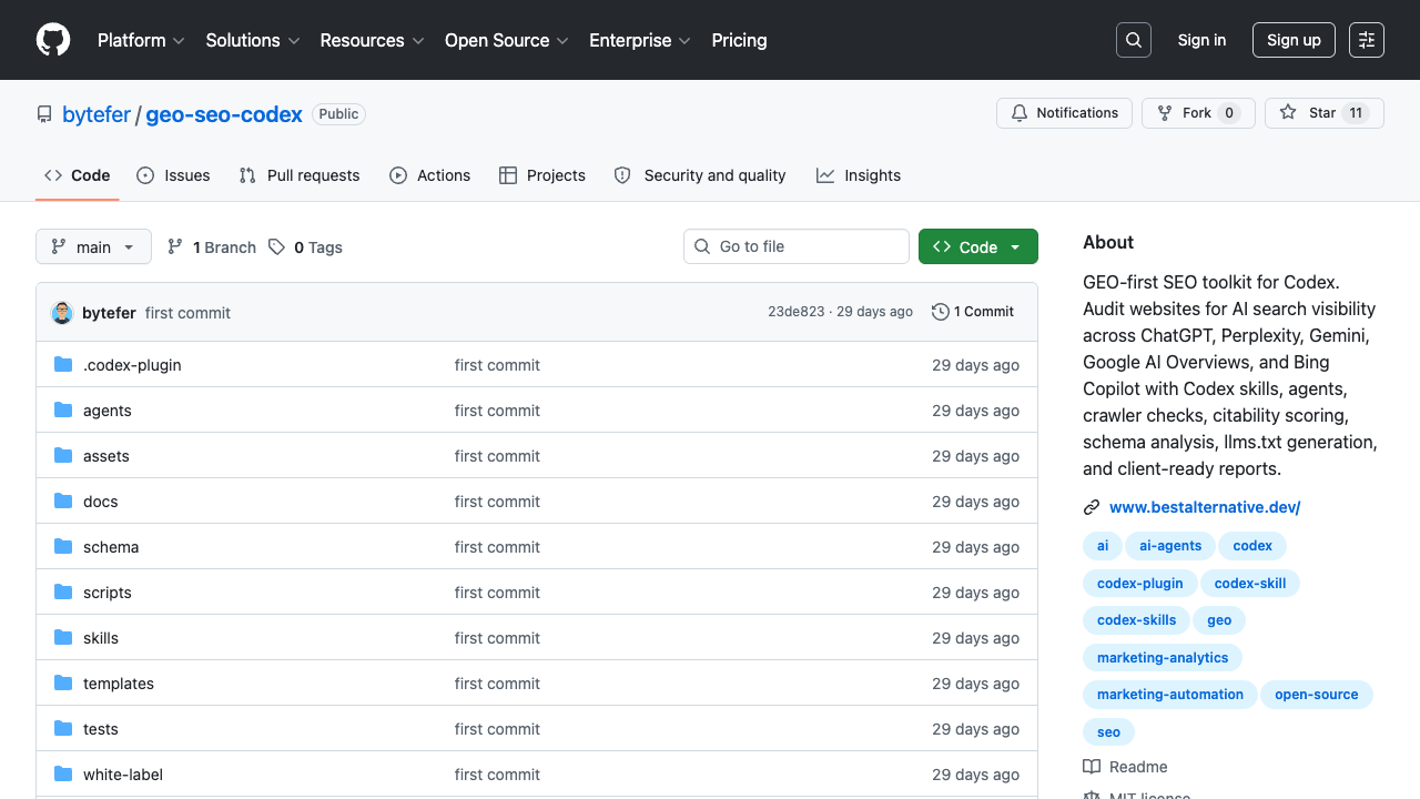 GitHub repository page for geo-seo-codex showing Codex SEO skill files and README