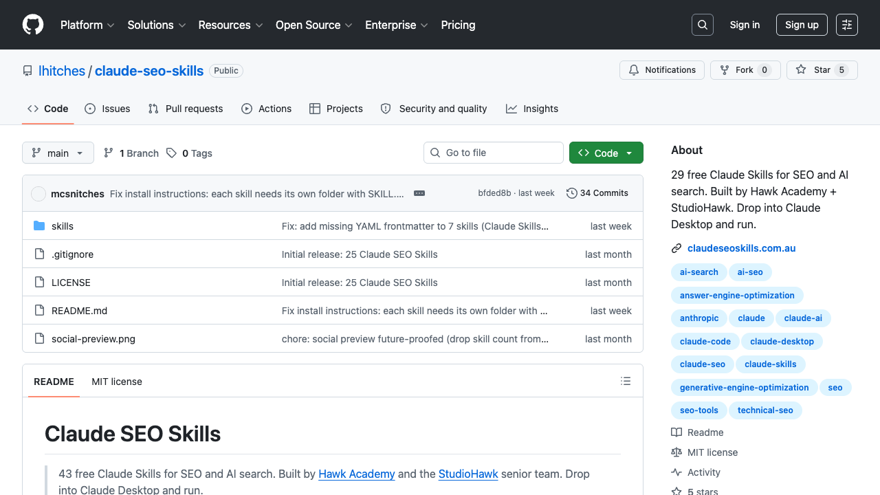 GitHub repository page for claude-seo-skills showing 29 free Claude Desktop SEO skills