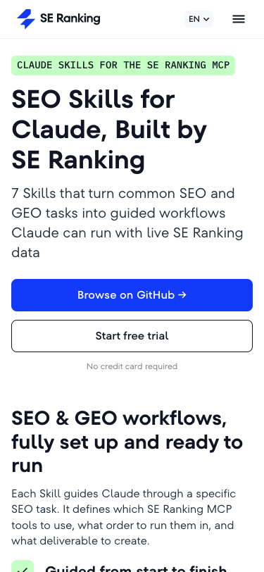 SE Ranking Claude SEO Skills landing page showing pre-built skills for SEO workflows
