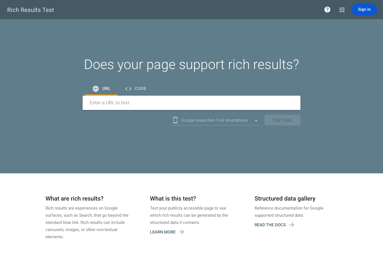 Google Rich Results Test tool homepage showing the URL input field where you enter a page URL to validate structured data