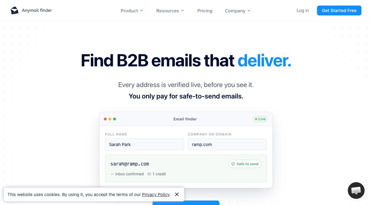 Anymail Finder email lookup interface showing the domain search tool with live verification