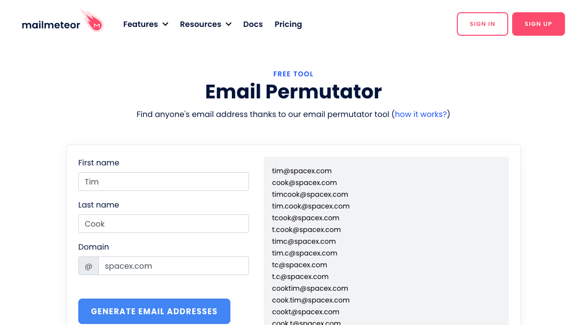 Mailmeteor Email Permutator tool showing name and domain input fields for generating email address combinations