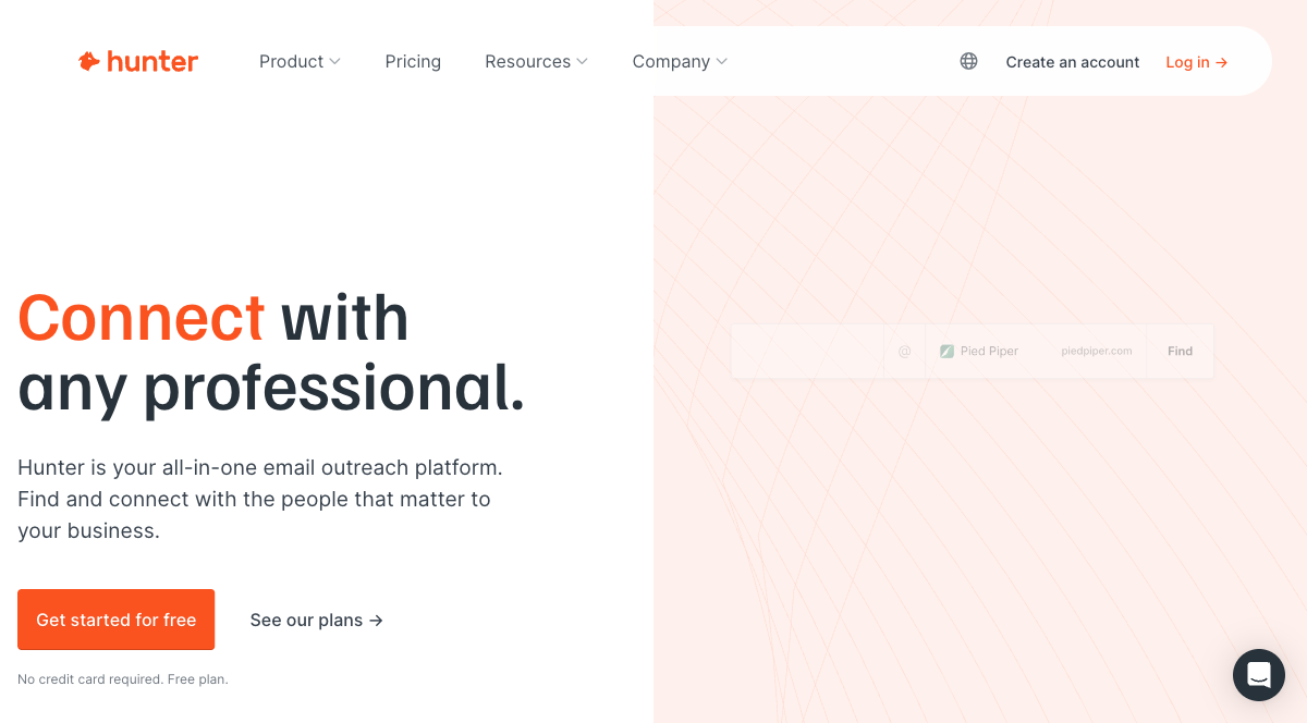 Hunter email finder platform showing domain search and email verification tools
