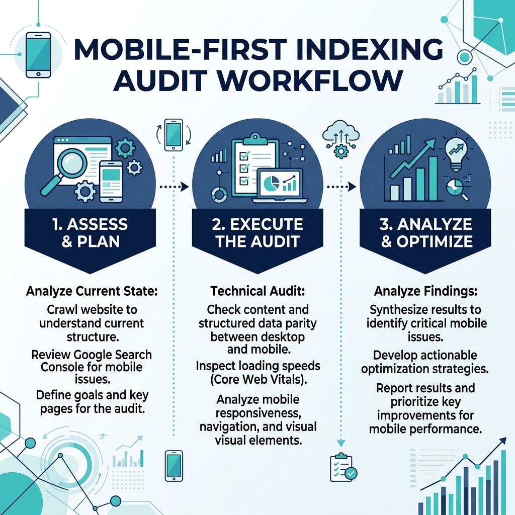 Alur kerja audit pengindeksan mobile-first: tiga tahap dari pemeriksaan cepat hingga audit penuh dan antrian prioritas perbaikan