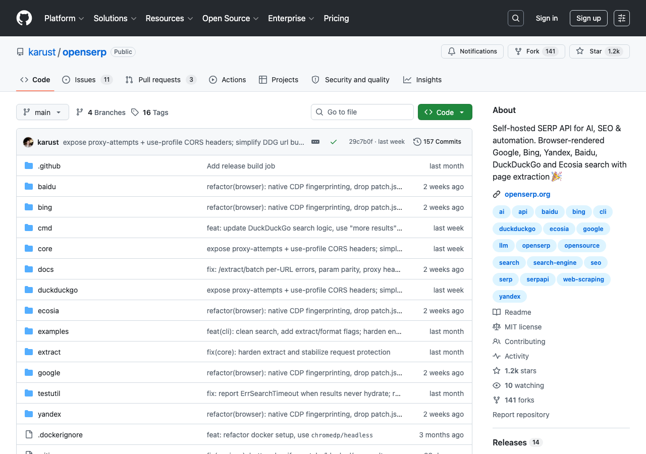 OpenSERP — an open-source, self-hosted SERP API for Google, Bing, Yandex, Baidu, DuckDuckGo, and Ecosia. The only truly free, unlimited rank tracking option for developers.
