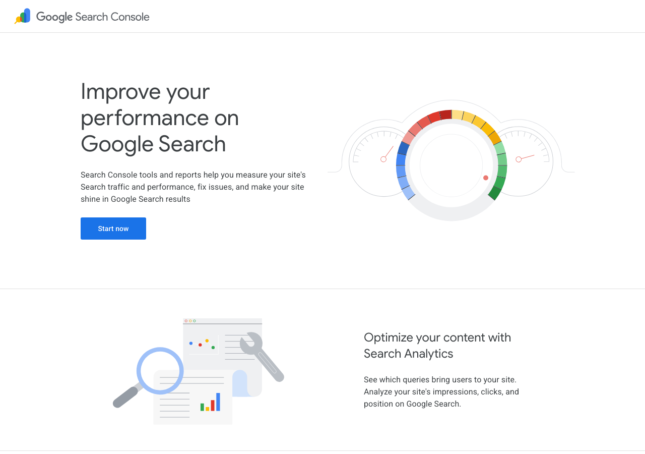 Google Search Console landing page. The free, official tool that provides first-party ranking data directly from Google.