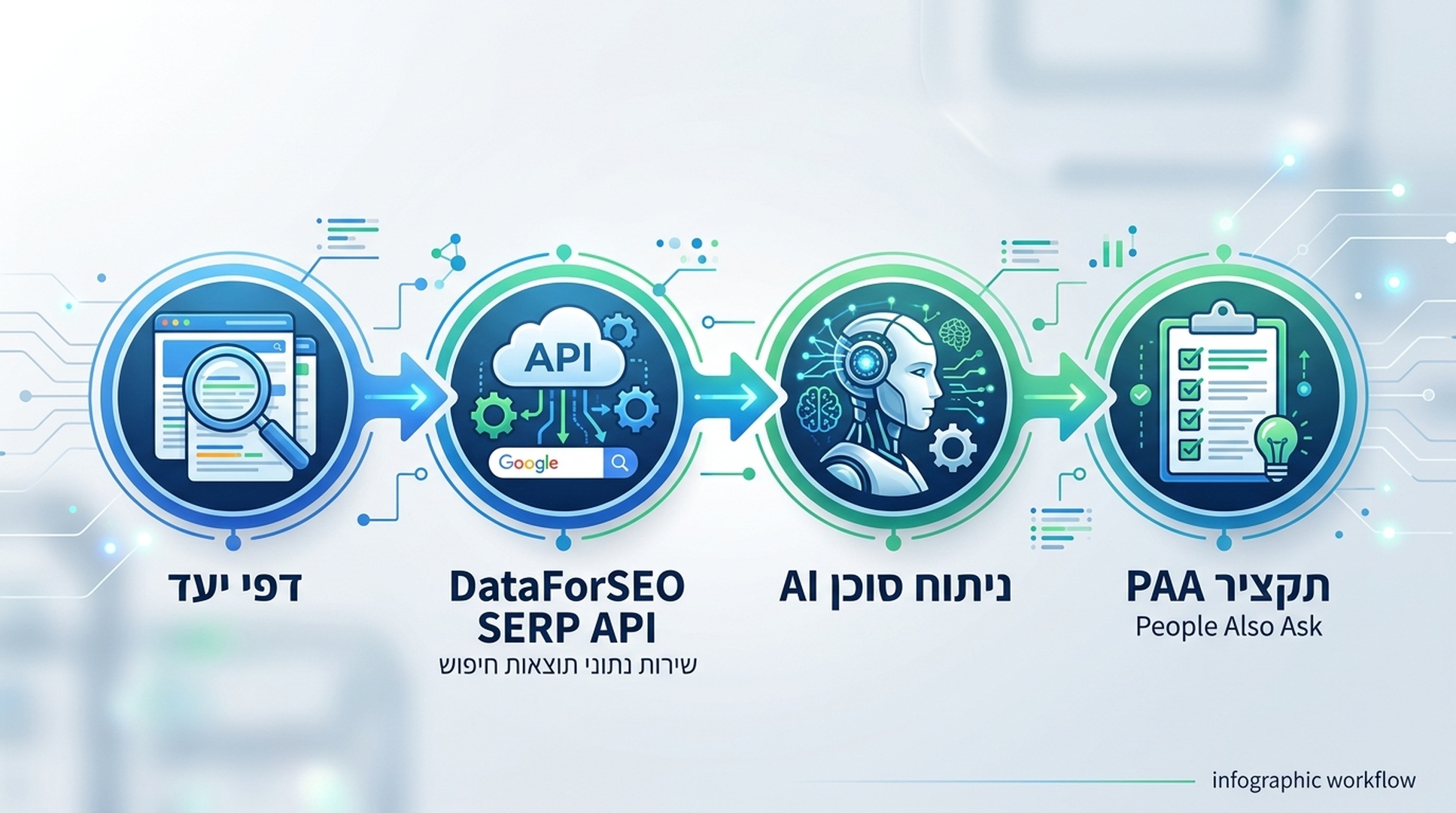 תרשים זרימת עבודה של מחקר PAA בארבעה שלבים: דפי יעד → DataForSEO SERP API → סוכן AI מקבץ ומתעדף → תקציר הזדמנויות PAA