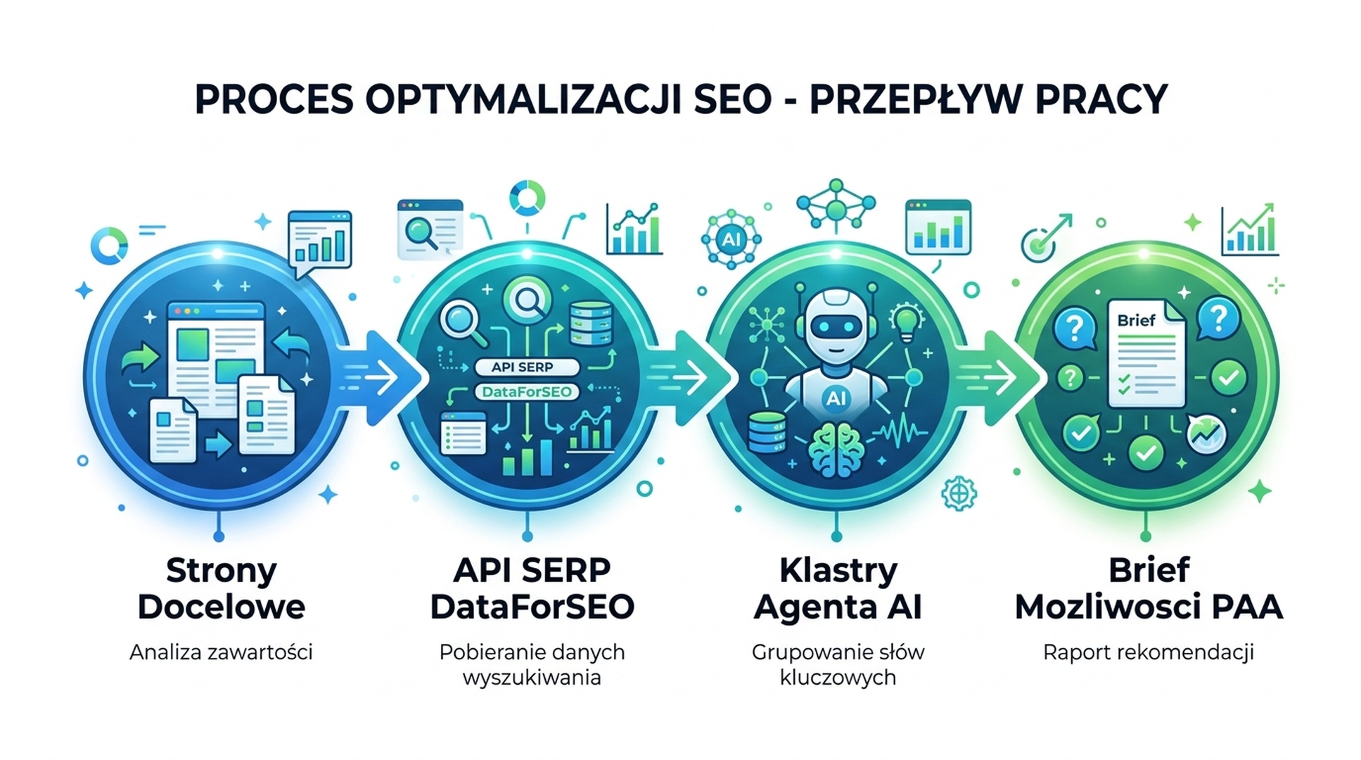 Czteroetapowy pipeline badania PAA: Strony Docelowe → API SERP DataForSEO → Agent AI Grupuje i Priorytetyzuje → Brief Możliwości PAA