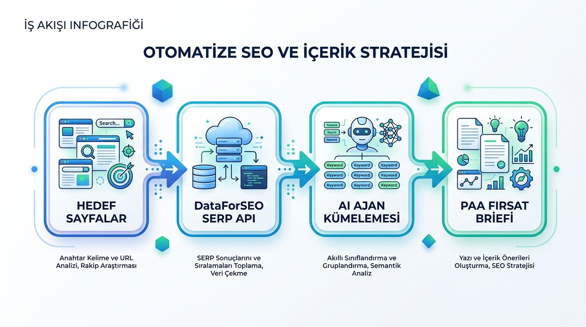 Dort adimli PAA arastirma pipeline'i: Hedef Sayfalar → DataForSEO SERP API → AI Ajani Kumeleme ve Onceliklendirme → PAA Firsat Briefi