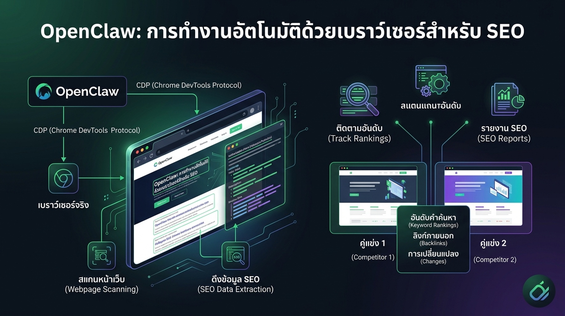 หน้าคู่มือสกิลการทำงานอัตโนมัติเบราว์เซอร์ OpenClaw แสดงความสามารถของ Agent Browser