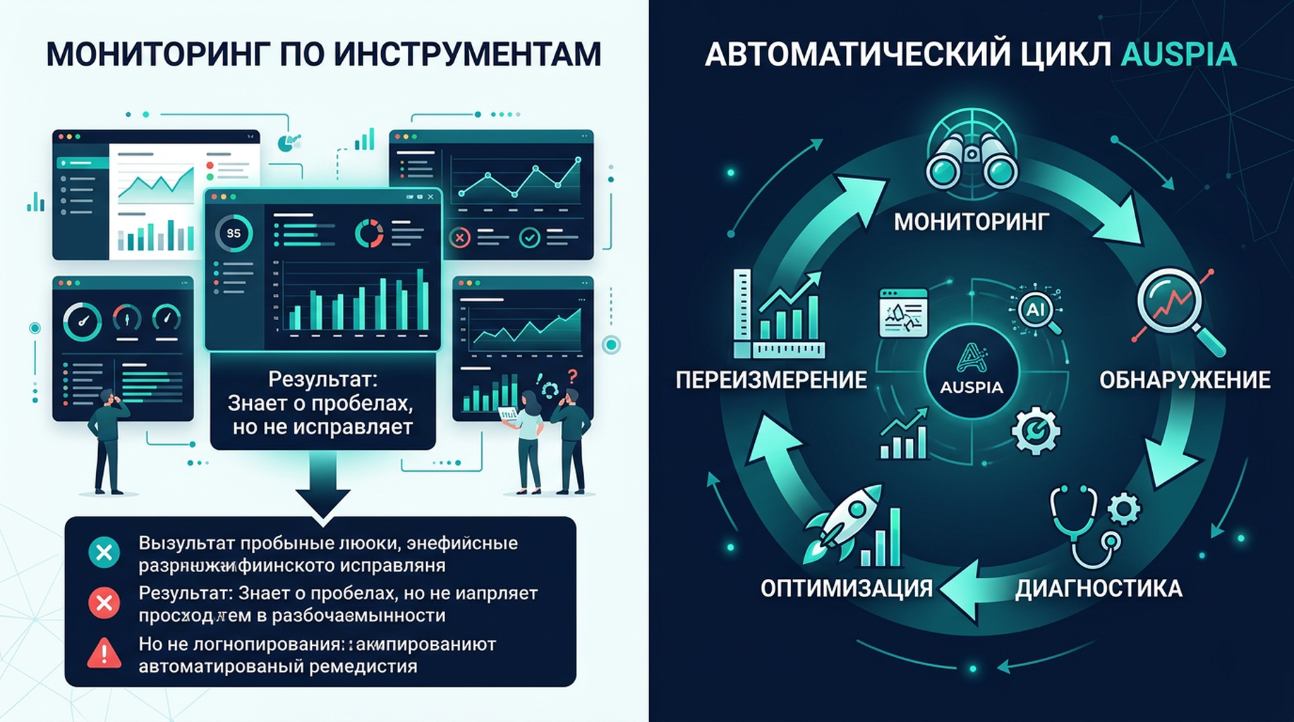 Сравнительная диаграмма: левая панель показывает четыре отдельные панели мониторинга, которые человек проверяет вручную, с результатом «Знает о пробелах, но не исправляет их»; правая панель показывает автоматизированный кросс-платформенный цикл Auspia от мониторинга через обнаружение пробелов, диагностику причин, оптимизацию до повторного измерения.