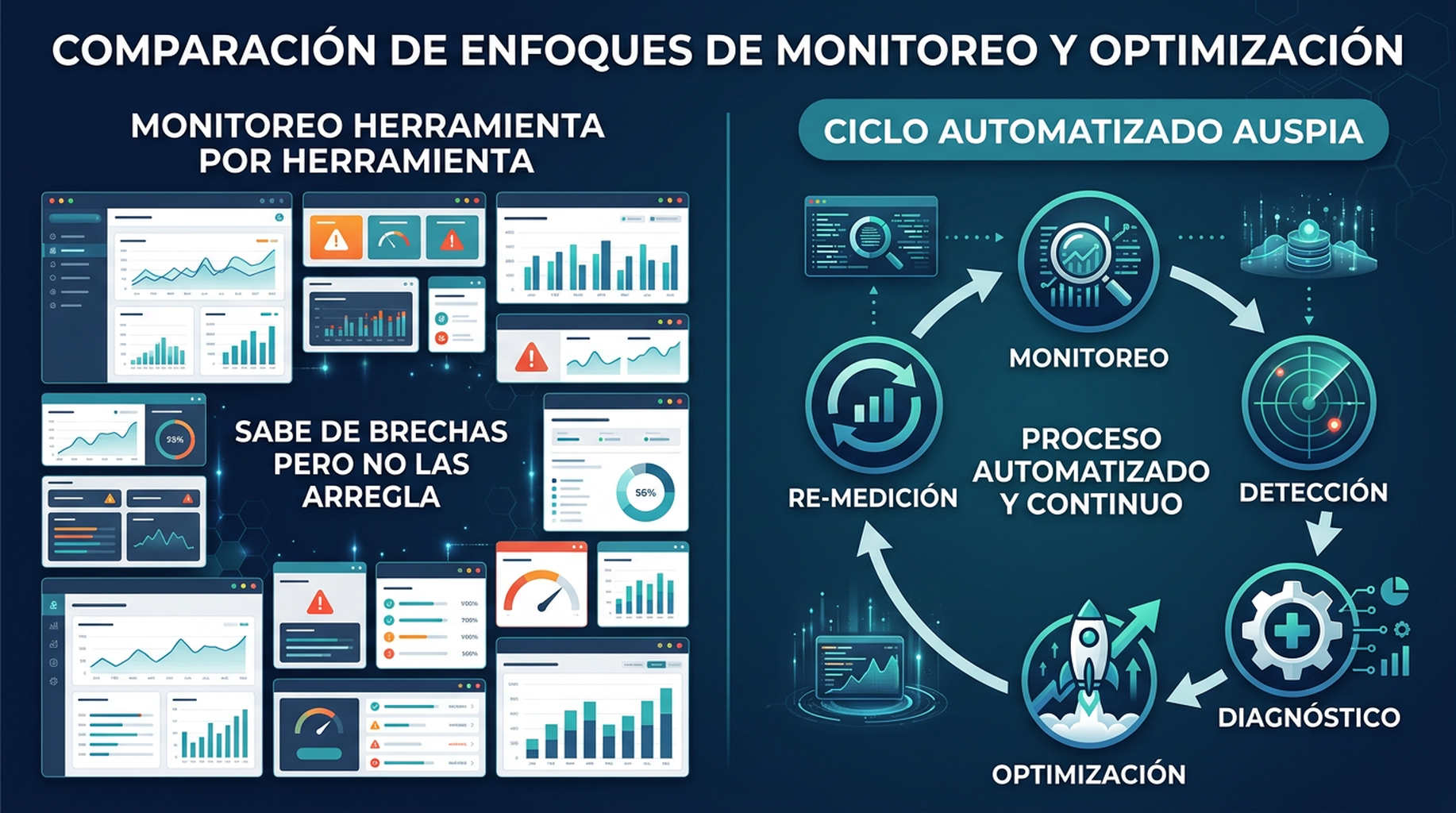 Diagrama comparativo: el panel izquierdo muestra cuatro paneles de control separados que una persona revisa manualmente, con el resultado "Sabe de las brechas pero no las arregla"; el panel derecho muestra el ciclo automatizado multiplataforma de Auspia desde el monitoreo, pasando por la detección de brechas, el diagnóstico de causas raíz, la optimización y la remedición.