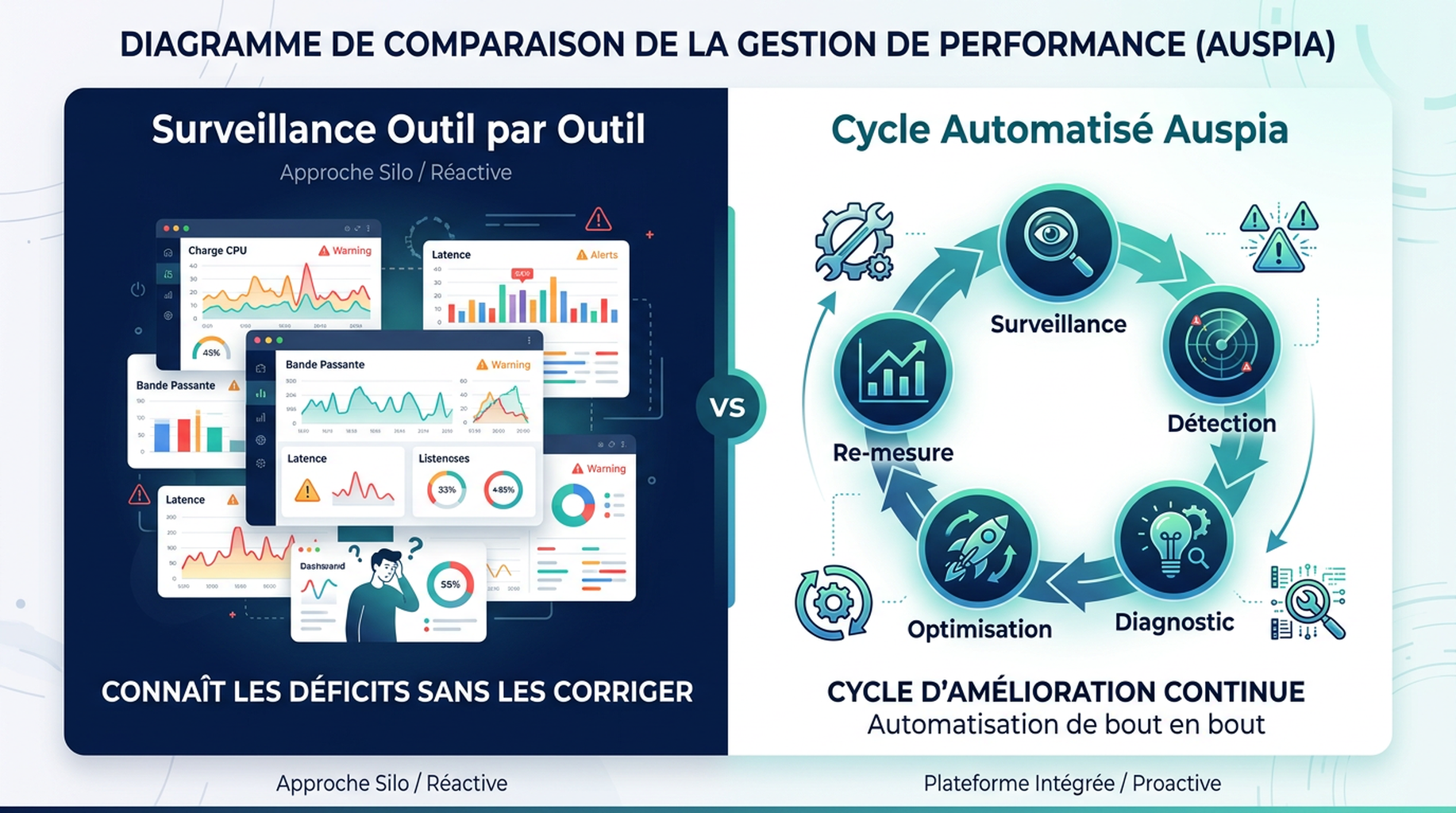 Diagramme comparatif : le panneau gauche montre quatre tableaux de bord distincts qu'une personne vérifie manuellement, avec le résultat « Connaît les déficits mais ne les corrige pas » ; le panneau droit montre le cycle automatisé multi-plateformes d'Auspia, de la surveillance à la détection des déficits, au diagnostic des causes racines, à l'optimisation et à la re-mesure.