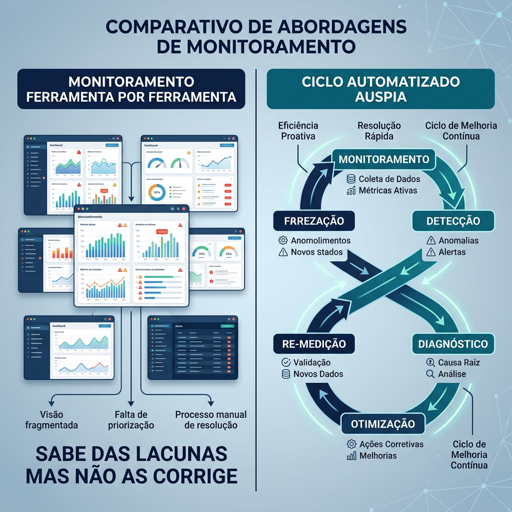 Diagrama comparativo: painel esquerdo mostra quatro painéis separados que uma pessoa verifica manualmente, com resultado "Sabe das lacunas mas não as corrige"; painel direito mostra o ciclo automatizado multiplataforma da Auspia, do monitoramento à detecção de lacunas, diagnóstico de causas raiz, otimização e re-medição.
