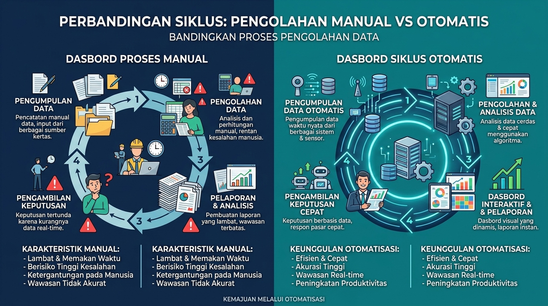 Diagram perbandingan: panel kiri menunjukkan empat dasbor terpisah yang diperiksa seseorang secara manual, dengan hasil "Tahu kesenjangan tapi tidak memperbaikinya"; panel kanan menunjukkan siklus lintas platform otomatis Auspia dari pemantauan ke deteksi kesenjangan, diagnosis akar penyebab, optimasi, dan pengukuran ulang.