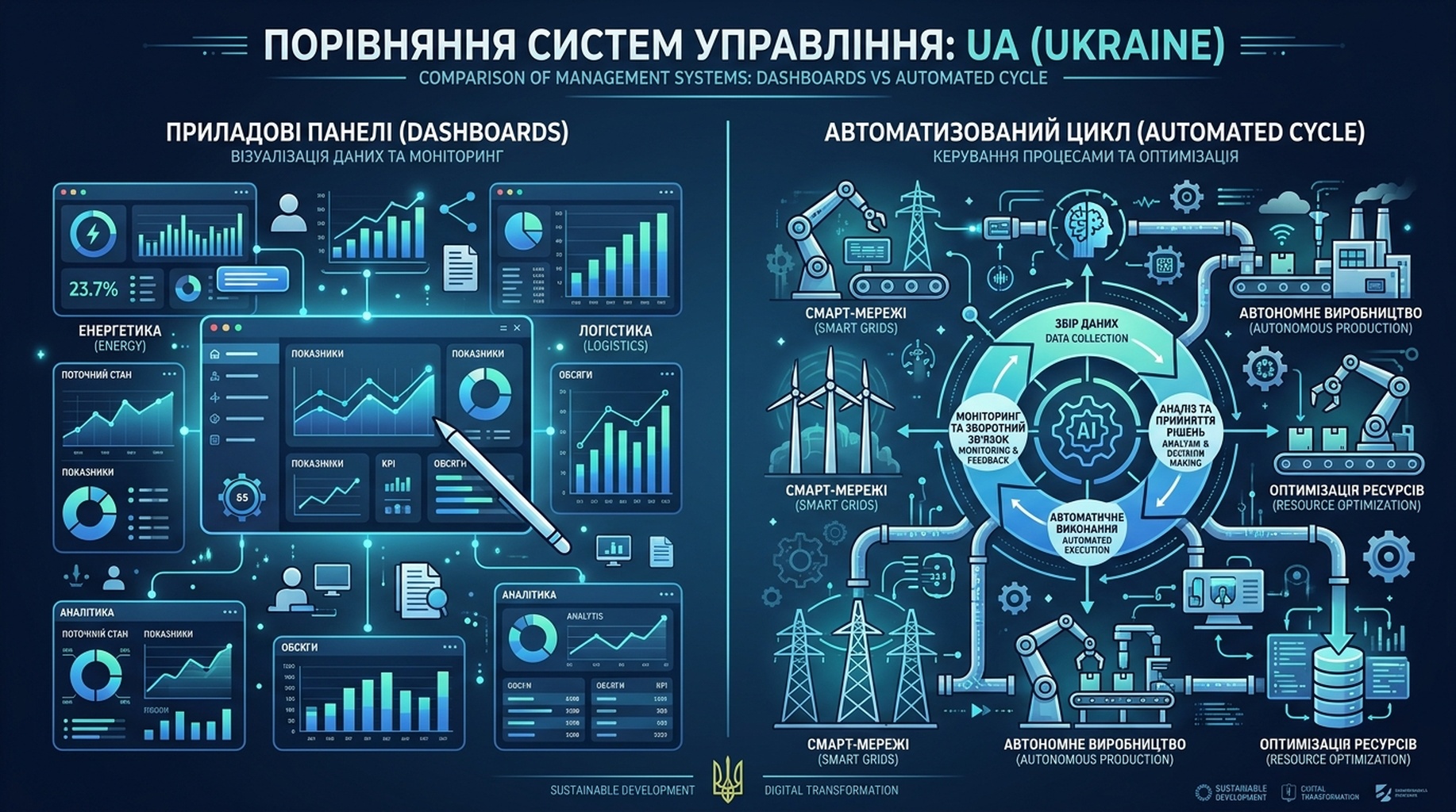 Порівняльна діаграма: ліва панель показує чотири окремі панелі, які людина перевіряє вручну, з результатом «Знає про розриви, але не виправляє їх»; права панель показує автоматизований крос-платформний цикл Auspia від моніторингу через виявлення розривів, діагностику причин, оптимізацію до повторного вимірювання.