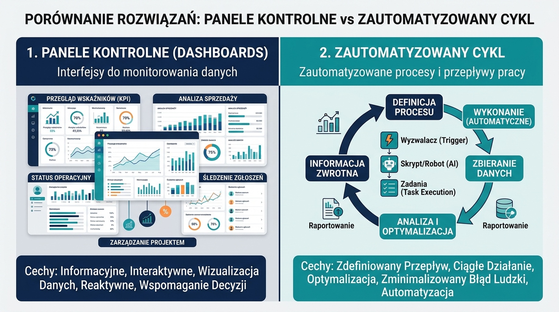 Diagram porównawczy: lewy panel pokazuje cztery oddzielne panele, które osoba sprawdza ręcznie, z wynikiem "Zna luki, ale ich nie naprawia"; prawy panel pokazuje zautomatyzowany międzyplatformowy cykl Auspia od monitorowania przez wykrywanie luk, diagnozę przyczyn, optymalizację do ponownego pomiaru.