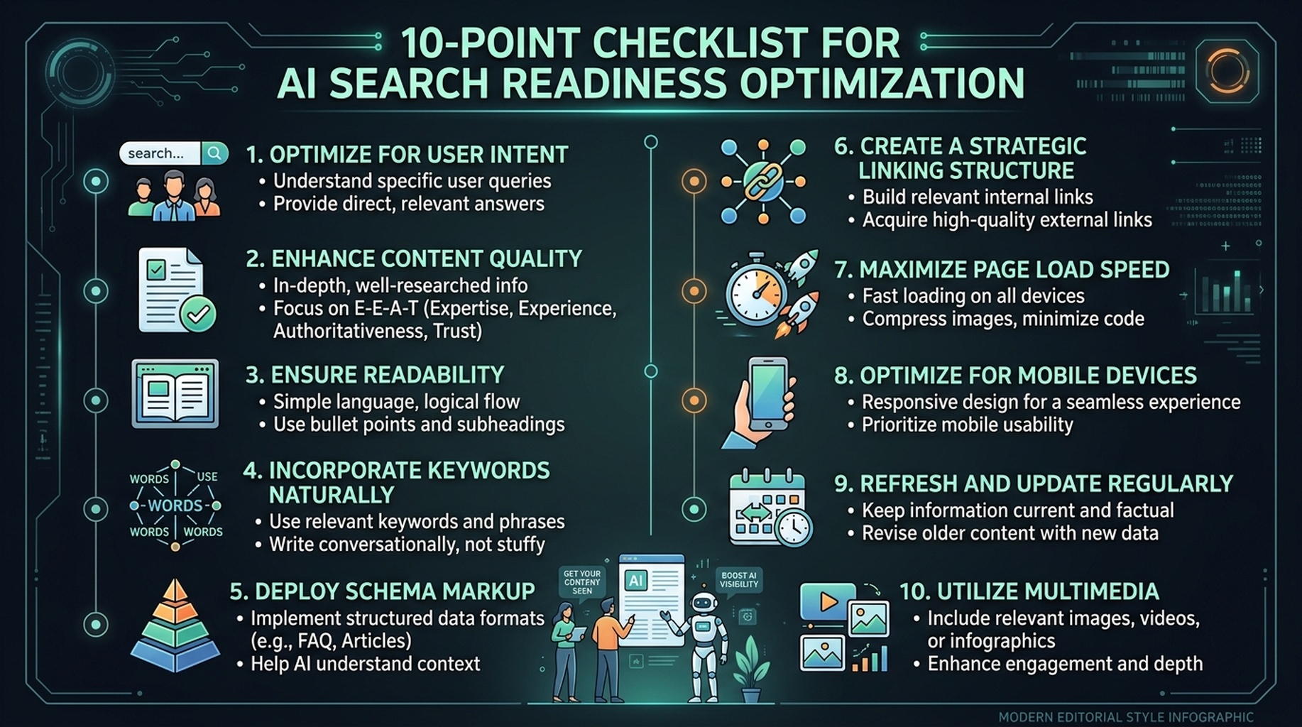 Sơ đồ checklist mức độ sẵn sàng GEO 10 điểm hiển thị các yếu tố cho tối ưu hóa trích dẫn tìm kiếm AI