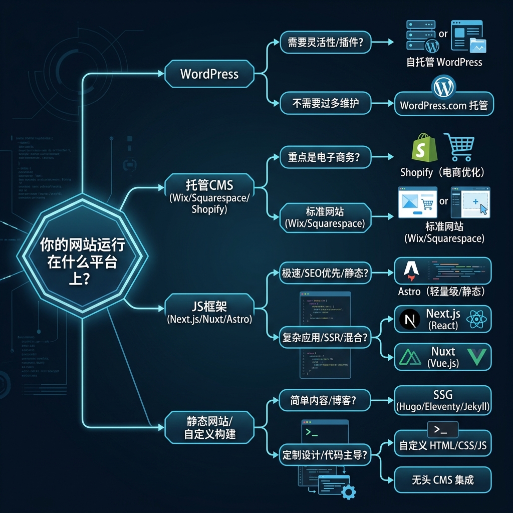 平台决策流程图 — 根据网站构建方式选择 Sitemap 路径