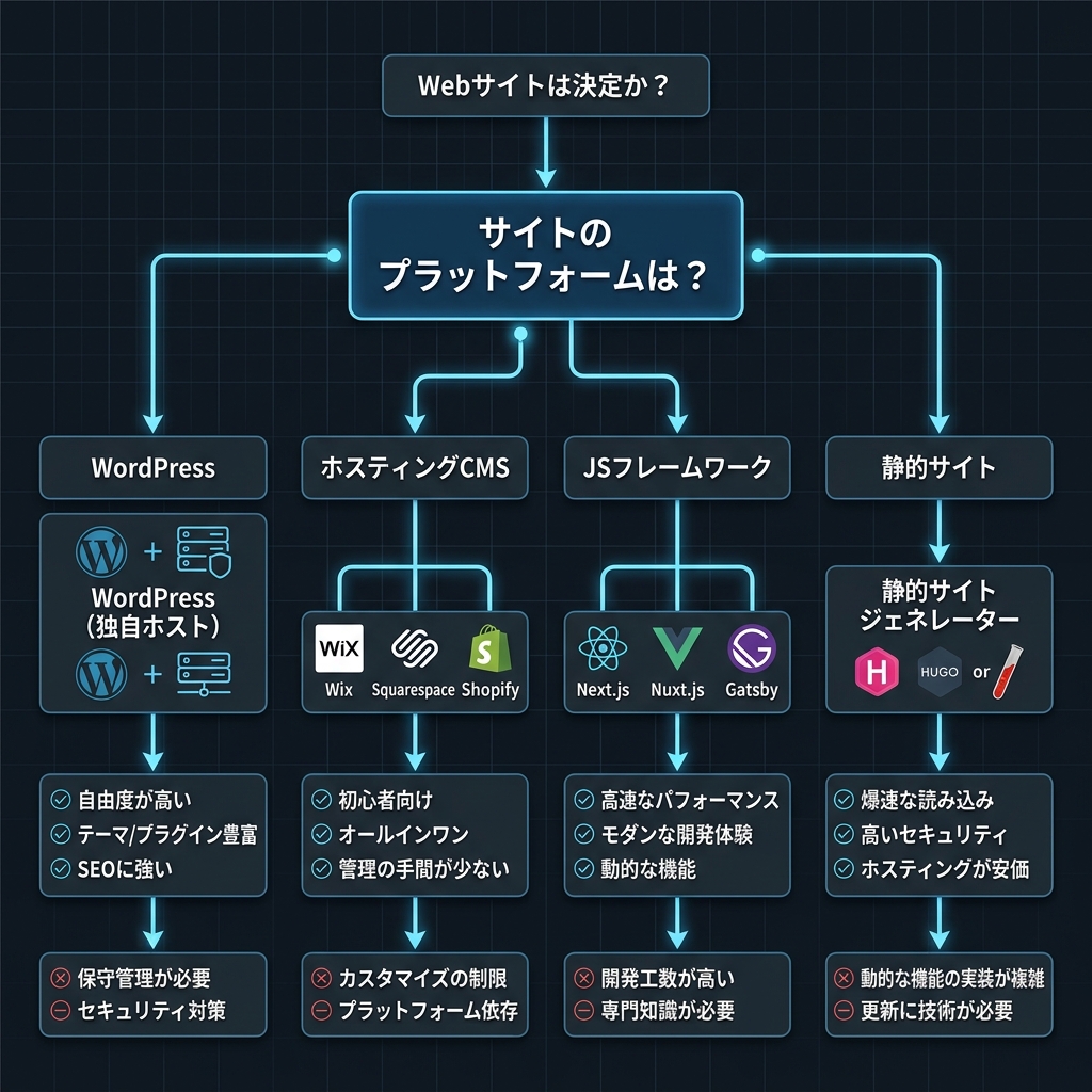 プラットフォーム決定フローチャート — サイトの構築方法に基づいてサイトマップのパスを選択