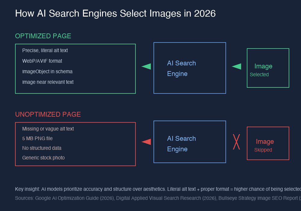 Diagram showing how AI search engines select images: optimized pages with precise alt text and structured data get their images selected, while unoptimized pages get skipped