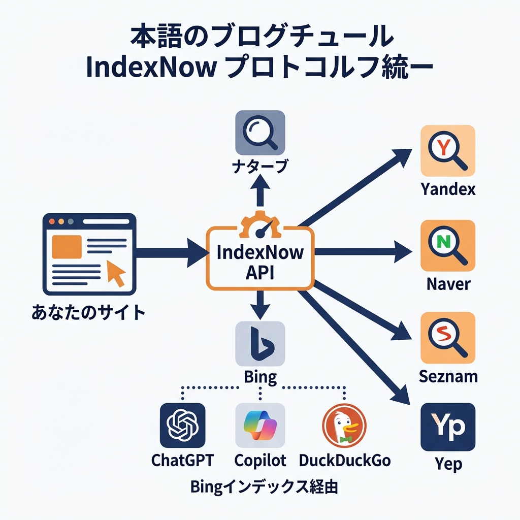 IndexNowアーキテクチャ図：ウェブサイトのコンテンツがIndexNow APIに送信され、Bing、Yandex、Naver、Seznam、Yepに配信される。ChatGPT、Copilot、DuckDuckGoはBingのインデックス経由でデータを受信。