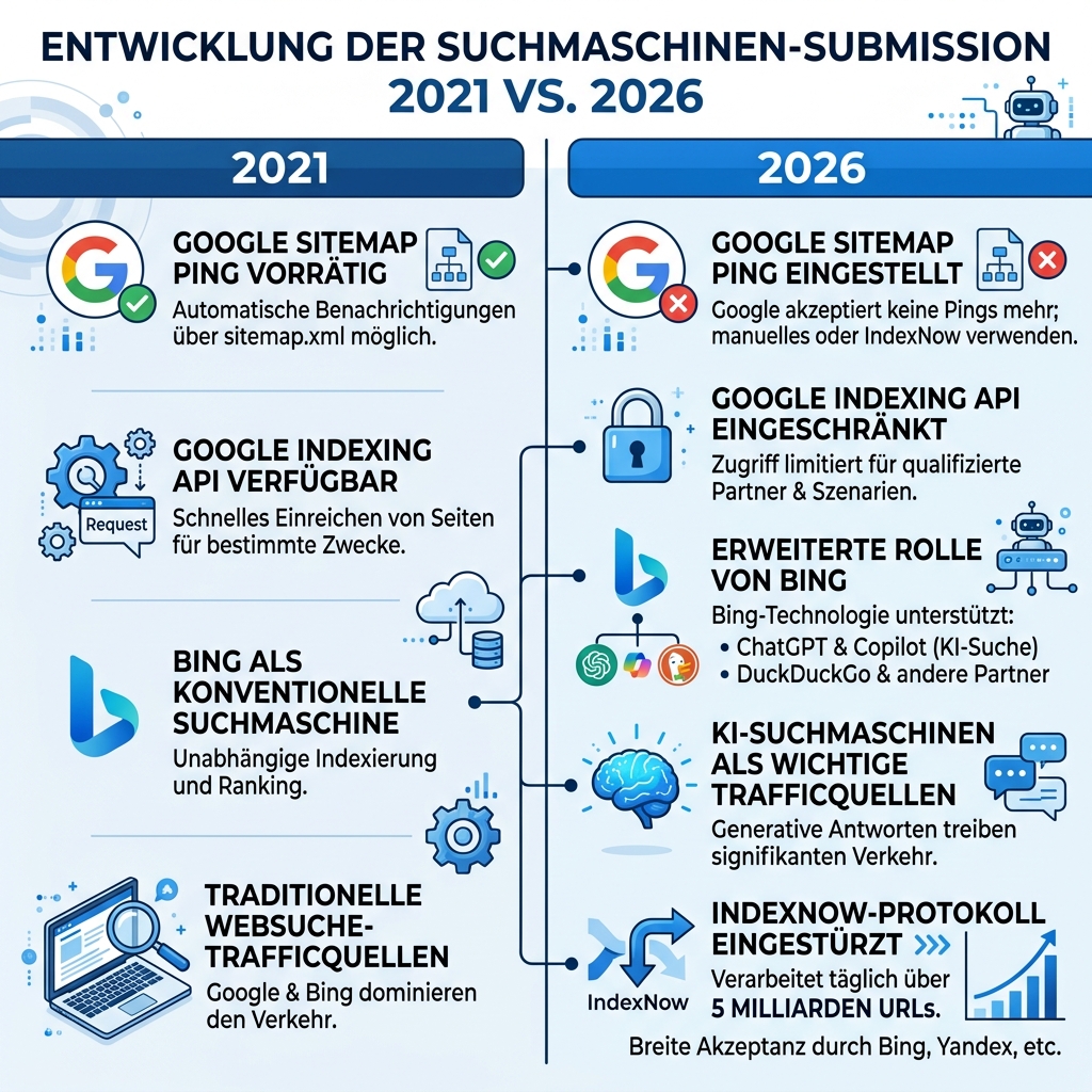 Suchmaschineneinreichung: Vergleich 2021 vs. 2026 – Aufkommen von IndexNow, KI-Suchmaschinen, Bings erweiterte Rolle, eingestellter Sitemap-Ping und Indexing-API-Einschränkungen