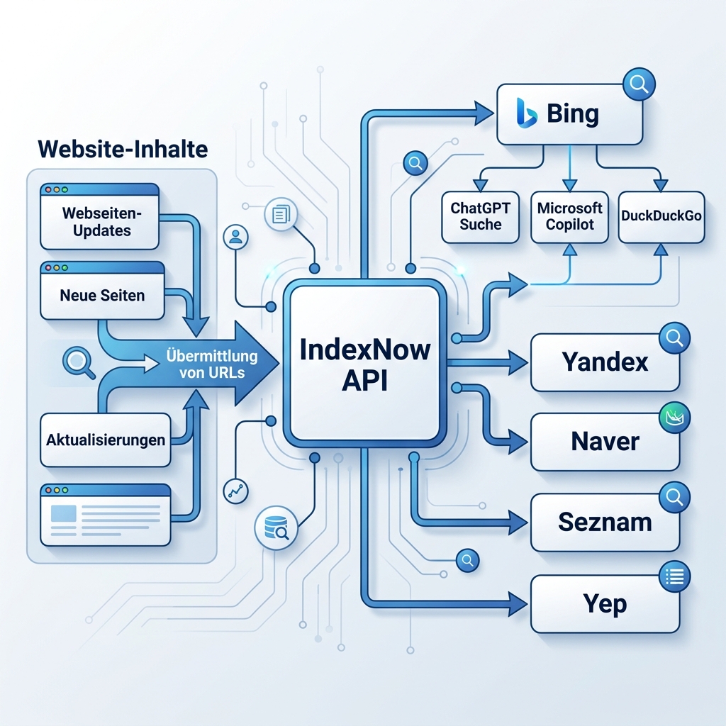 IndexNow-Architekturdiagramm: Website-Inhalte fließen zur IndexNow-API, die an Bing, Yandex, Naver, Seznam und Yep verteilt. ChatGPT, Copilot und DuckDuckGo erhalten Daten über Bings Index.