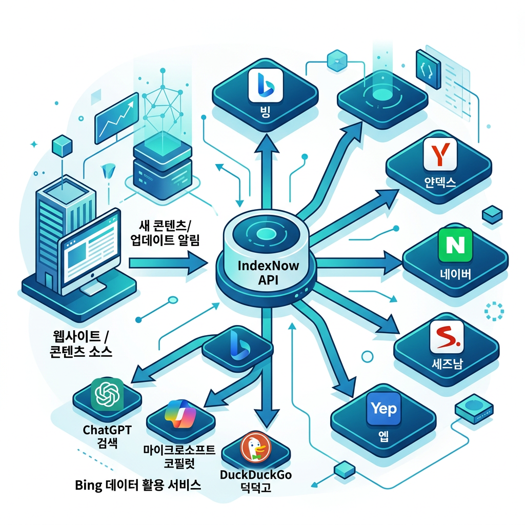 IndexNow 아키텍처 다이어그램: 웹사이트 콘텐츠가 IndexNow API로 전달되고, 이것이 Bing, Yandex, Naver, Seznam, Yep으로 배포됩니다. ChatGPT, Copilot, DuckDuckGo는 Bing 인덱스를 통해 데이터를 받습니다.