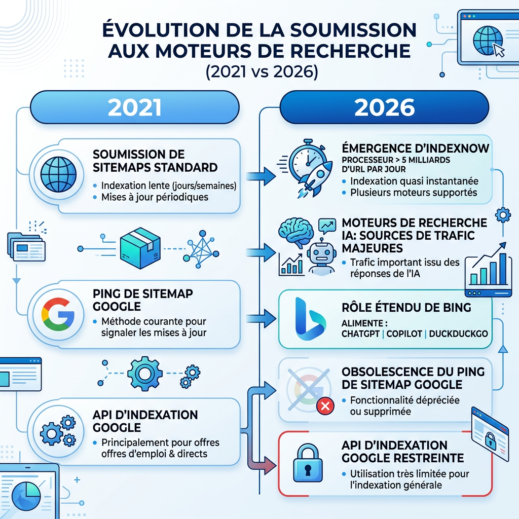 Soumission aux moteurs de recherche : Comparaison 2021 vs 2026 montrant l'émergence d'IndexNow, les moteurs de recherche IA, le rôle élargi de Bing, le ping sitemap abandonné et les restrictions de l'API d'indexation