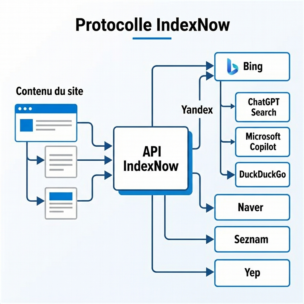 Diagramme d'architecture IndexNow : Le contenu du site web est transmis à l'API IndexNow, qui distribue vers Bing, Yandex, Naver, Seznam et Yep. ChatGPT, Copilot et DuckDuckGo reçoivent les données via l'index de Bing.