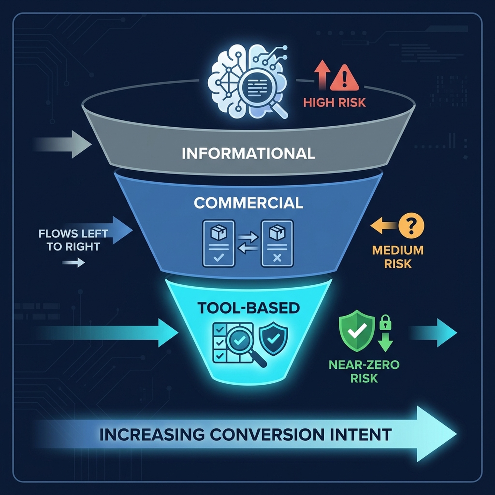 Three-layer SEO intent funnel: informational (high AIO risk, grey), commercial (medium risk, blue), and tool-based keywords (near-zero AIO risk, glowing cyan, with shield). Conversion intent increases left to right.