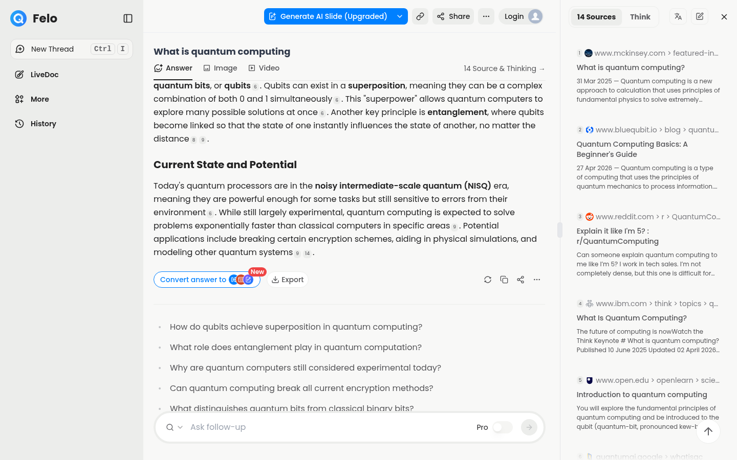 Search result page with the '14 Sources' panel open on the right side. The panel lists 14 numbered source references with website favicons, URLs/domains (mckinsey.com, bluequbit.io