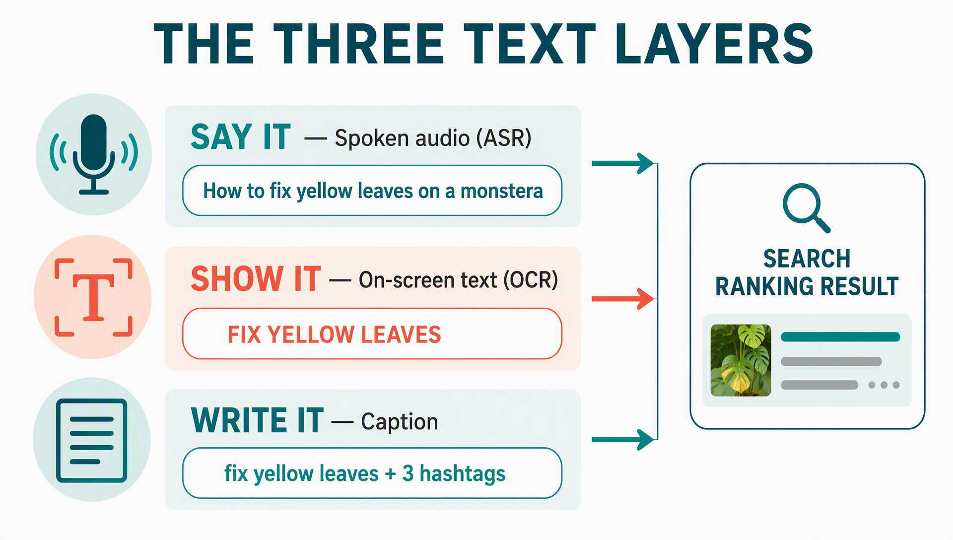 The three TikTok SEO text layers: say the keyword in your audio (ASR), show it in on-screen text (OCR), and write it in your caption