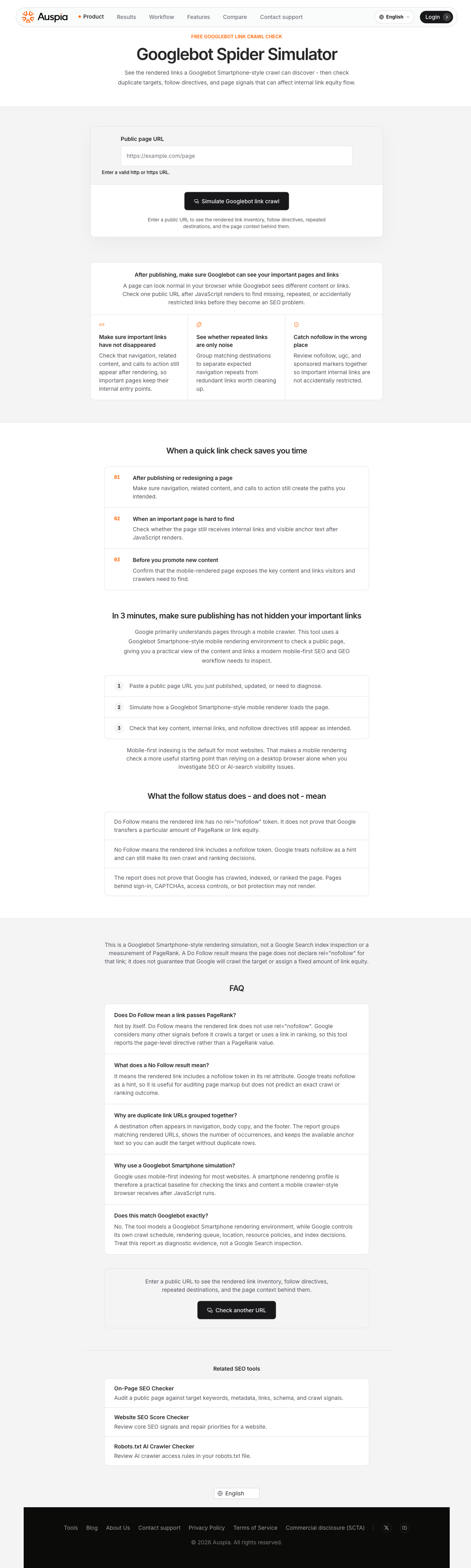 Googlebot Spider Simulator tool interface showing URL input field, Simulate button, feature descriptions, use cases, and workflow sections
